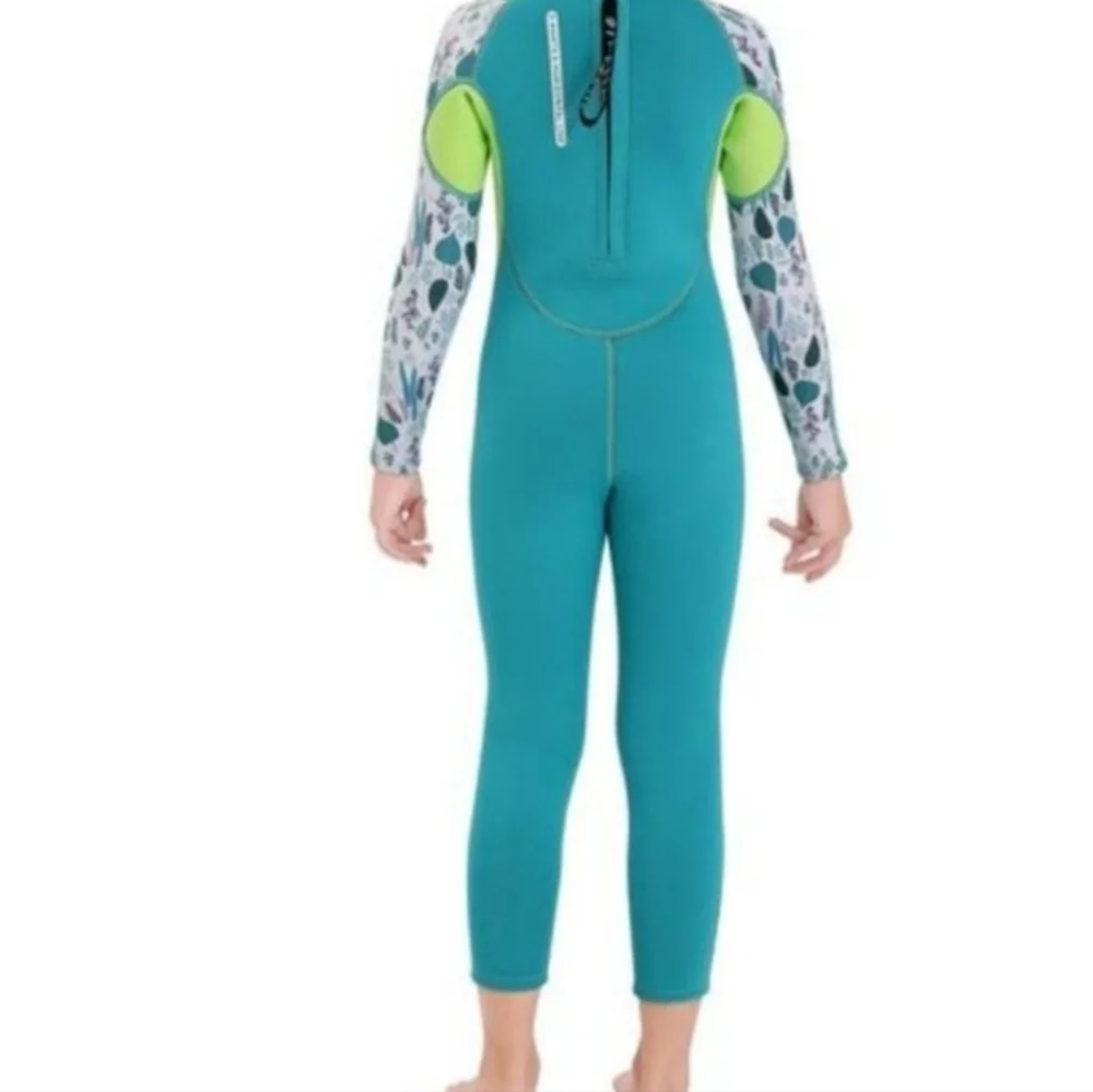 Kids Swim Wetsuit in Teal and Lime Green X Manta Long Sleeve Diving Swimsuit